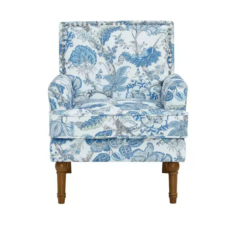 Fauteuil d'appoint floral de ferme rembourré avec garniture cloutée et pieds en bois massif