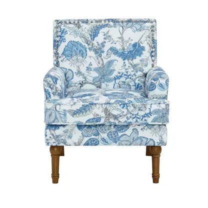 Fauteuil d'appoint floral de ferme rembourré avec garniture cloutée et pieds en bois massif