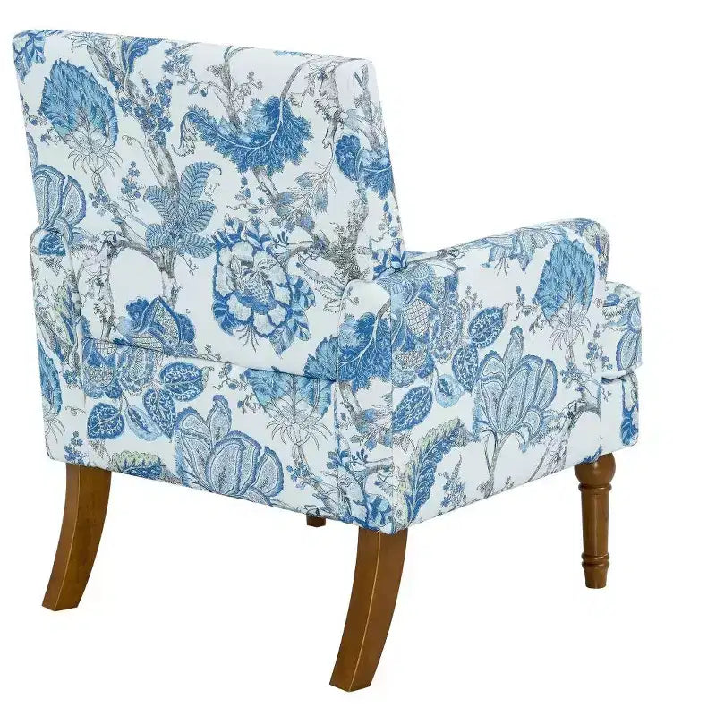 Fauteuil d'appoint floral de ferme rembourré avec garniture cloutée et pieds en bois massif
