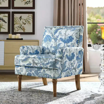 Farmhouse Upholstered Floral Chair with Nailhead Trim, Solid Wood Leg Accent Armchair for Living Room, Bedroom or Entryway-Panipeachy