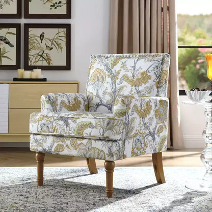 Fauteuil d'appoint floral de ferme rembourré avec garniture cloutée et pieds en bois massif