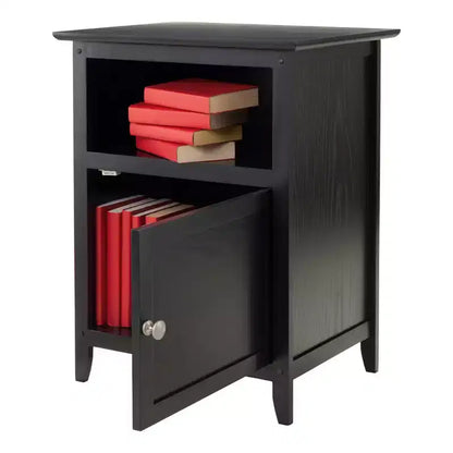 Table d'appoint noire en bois dur avec rangement caché et étagère ouverte, 63,5 cm H x 48 cm L