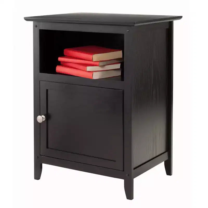 Table d'appoint noire en bois dur avec rangement caché et étagère ouverte, 63,5 cm H x 48 cm L