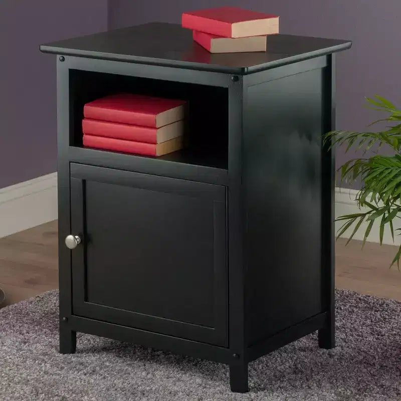 Table d'appoint noire en bois dur avec rangement caché et étagère ouverte, 63,5 cm H x 48 cm L