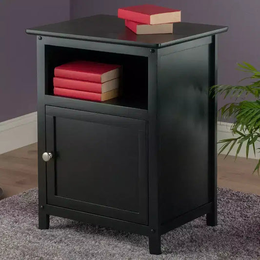 Table d'appoint noire en bois dur avec rangement caché et étagère ouverte, 63,5 cm H x 48 cm L