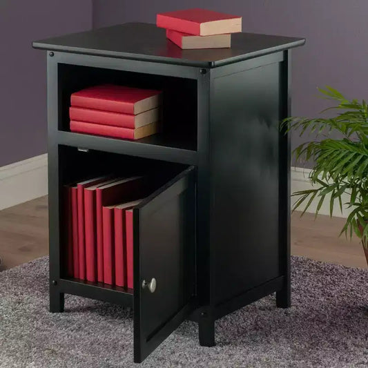 Table d'appoint noire en bois dur avec rangement caché et étagère ouverte, 63,5 cm H x 48 cm L