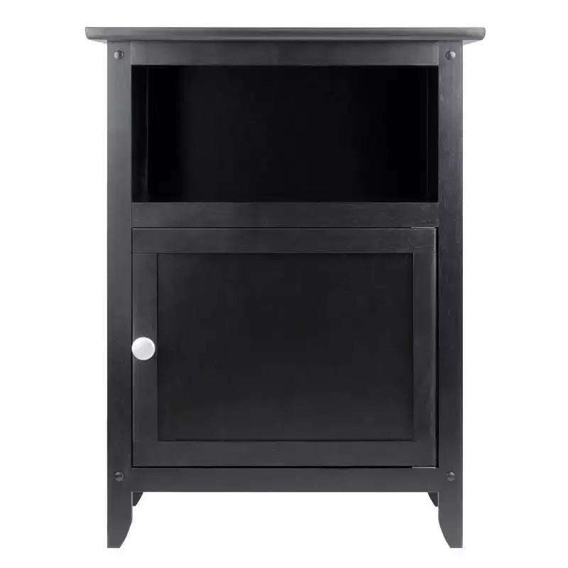 Table d'appoint noire en bois dur avec rangement caché et étagère ouverte, 63,5 cm H x 48 cm L